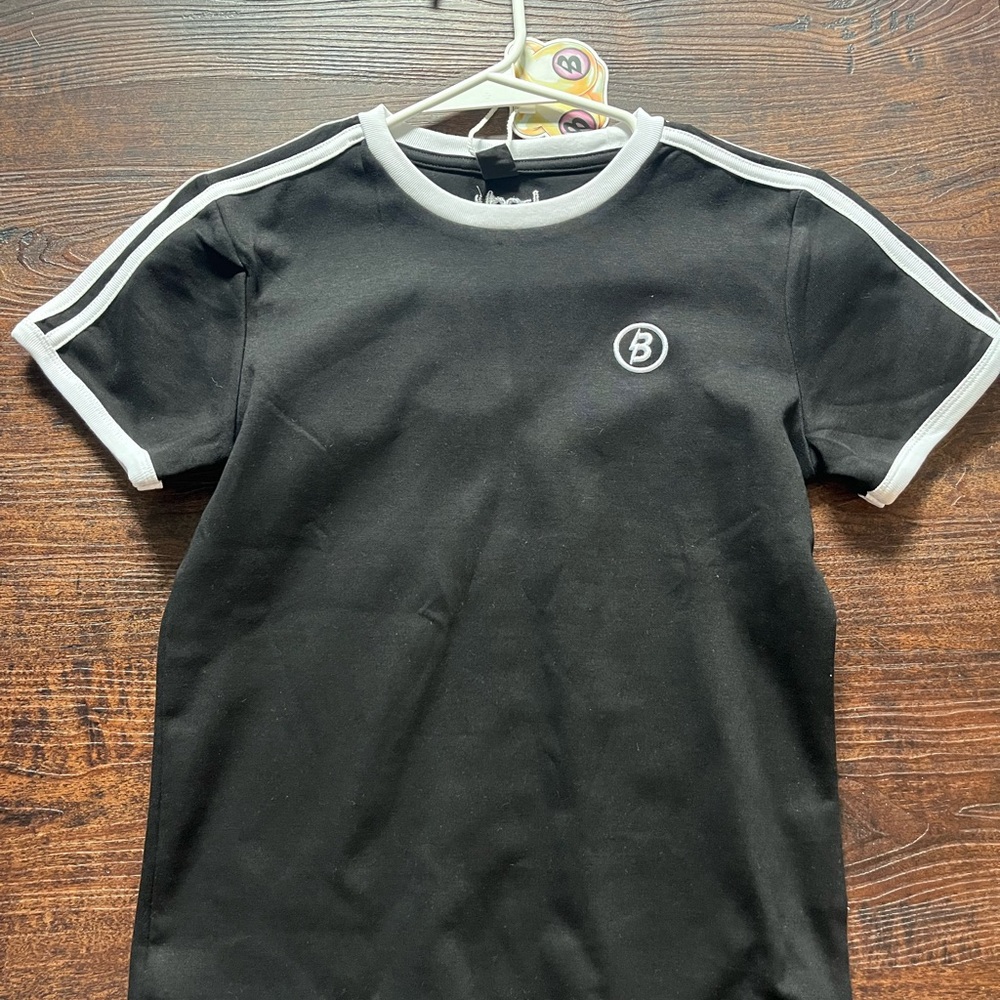 Black Short Sleeve Tee with White Contrast Trim and B Patch